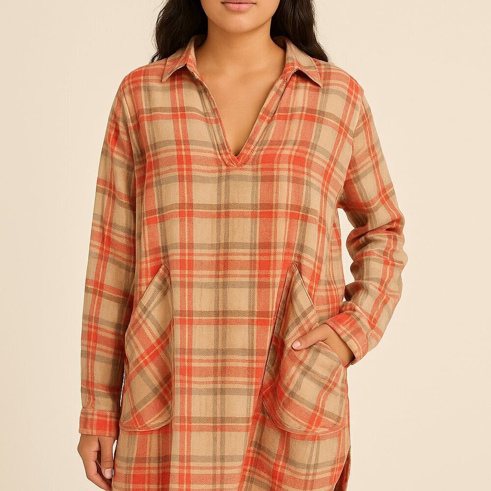 Free People Plaid Tunic Top Rust Tan V Neck Pockets Oversized Boho Cottagecore M